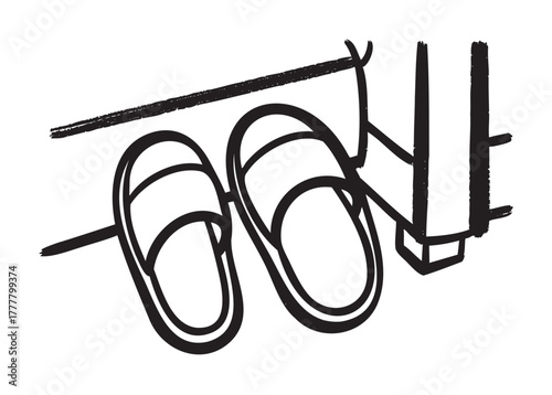 Black and white outline drawing of a pair of slippers hanging on a clothesline with a nearby clothespin.