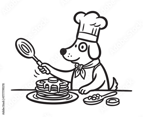 Cartoon dog chef happily cooking pancakes with a spatula, wearing a chef's hat and scarf, surrounded by breakfast foods.