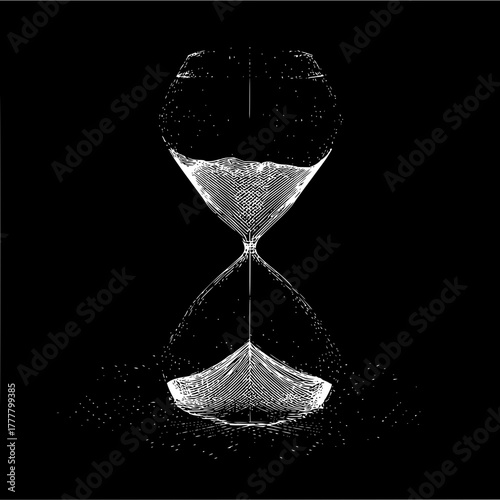 Stylized hourglass illustration with sand flowing from top to bottom on a black background