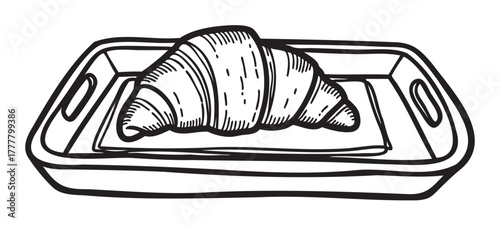 Black outline vector icon of a single croissant on a rectangular serving tray with handles on each side.