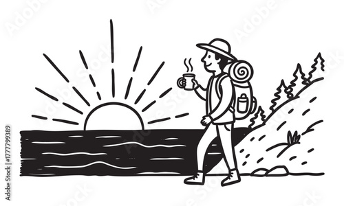 Black and white illustration of a hiker with a backpack and hat holding a cup, walking by a lakeside at sunrise with pine trees in the background.