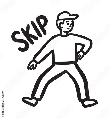 Black outline vector illustration of a person skipping in a casual outfit and cap, with the word "skip" emphasized beside them.