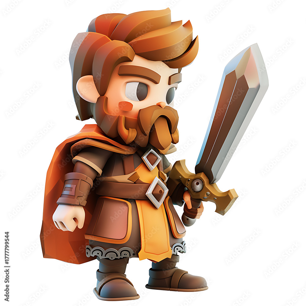 Obraz premium A stylized 3D cartoon character of a brave warrior with a beard and a sword, wearing a cape and armor.
