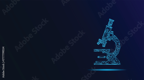 A sleek, modern visualization of a microscope using a geometric, low-poly design with a vibrant neon glow. Perfect for illustrating innovative science and research concepts.