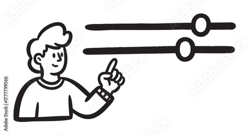 Black and white illustration of a person adjusting horizontal sliders with a finger.