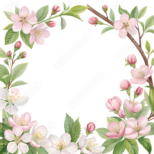 Watercolor Cherry Blossom Floral Frame Border with Pink Flowers