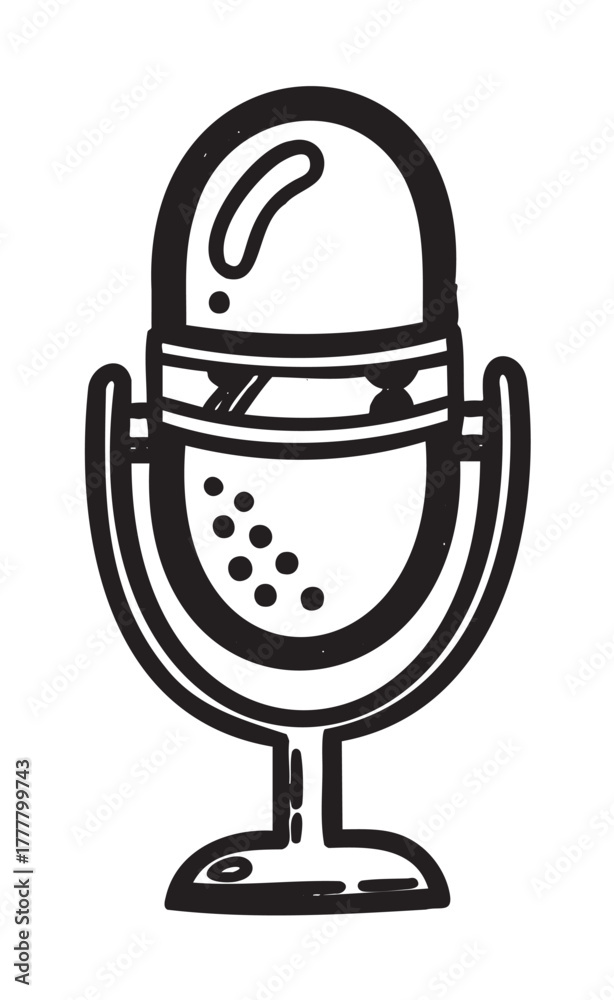 Fototapeta premium Black outline vector icon of a vintage-style microphone with a stand, featuring a classic oval shape and dotted grille details.