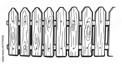 Black outline drawing of a simple wooden picket fence with vertical planks and visible wood grain details.