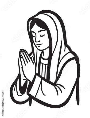 Black and white illustration of a young caucasian female with a hood praying, hands clasped together, eyes closed in a serene expression.