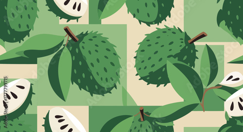 Vibrant Illustrated Pattern Featuring Soursop Fruits And Foliage In A Seamless Design