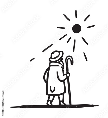 Stylized illustration of an elderly figure with a cane, wearing a coat and hat, walking under the sun in a simple outdoor scene.