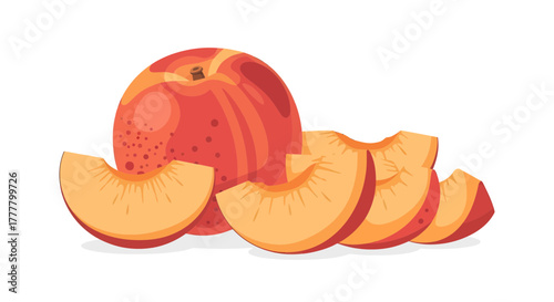 Vibrant Illustrated Peach Composition Featuring Whole Fruit and Freshly Cut Segments