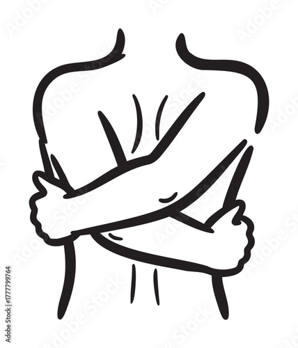 Minimalist black outline of a person with arms crossed over the chest in a self-hugging position, conveying a sense of comfort and self-care.