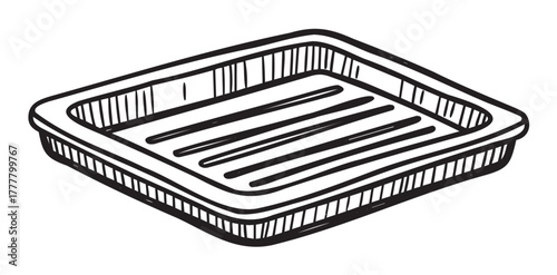Black and white sketch of a rectangular soap dish with a ridged bottom, designed for holding soap in a bathroom setting.