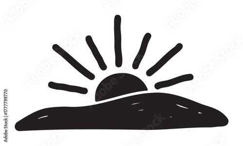 Black outline icon of a rising sun with sun rays above a curved horizon, symbolizing a new beginning or dawn.