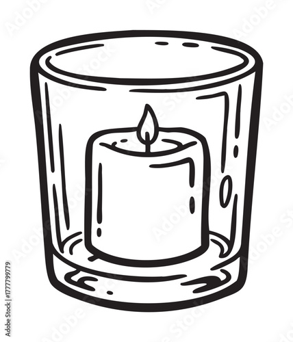 Black outline vector icon of a simple cylindrical candle with a flame in a glass holder for relaxation and aromatherapy concepts.