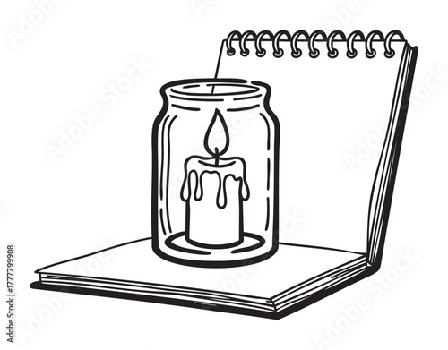 Black outline drawing of a spiraled sketchpad with a lit candle in a glass jar placed on top. simple and minimalistic design for art and creativity themes.