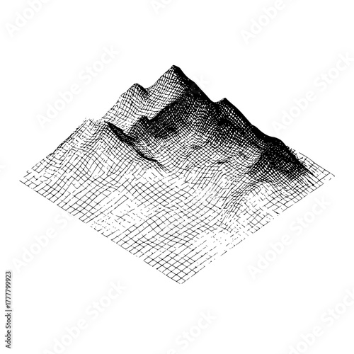 Isometric grid landscape illustration depicting a mountainous terrain with varying elevations and textures