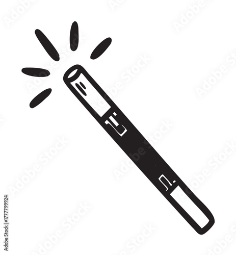Black outline doodle of a simple magic wand with sparkles, symbolizing magic and enchantment with a minimalistic design.