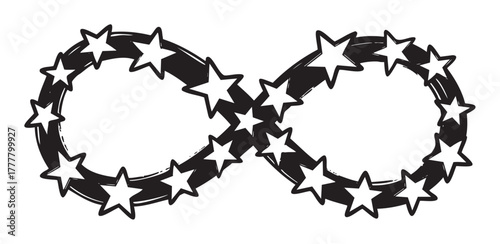 Black and white infinity symbol composed of stylized stars, creating a continuous loop and representing limitless possibilities.