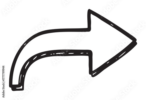 Black outline simple curved arrow pointing to the right, hand-drawn in a bold style for direction and navigation concepts.