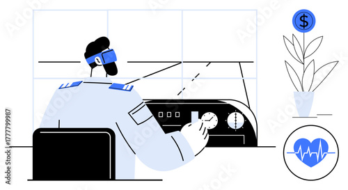 Person in uniform adjusts control panel in a high-tech setting, with finance and health icons. Ideal for technology, innovation, leadership, management, decision-making, control systems, futuristic