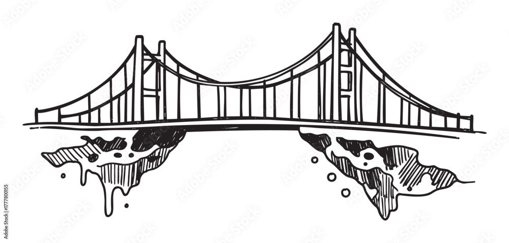 Fototapeta premium Black and white sketch of a suspension bridge with towers and cables spanning across two landmasses.