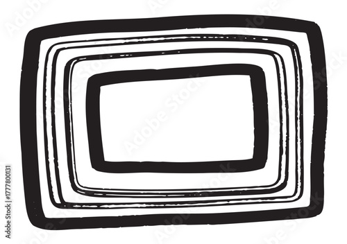 Bold black hand-drawn square spirals form layered geometric shapes, creating a striking abstract pattern.