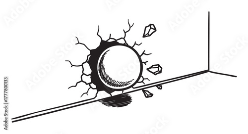 Black outline drawing of a large spherical object crashing through a wall, causing cracks and debris to scatter.