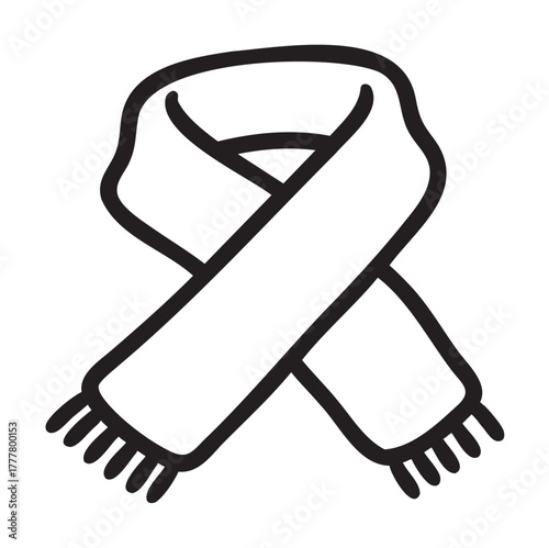 Black outline icon of a simple winter scarf crossed at the ends, with tassels on both sides.