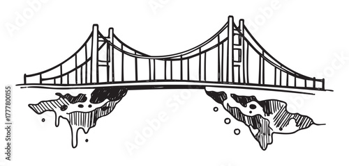 Black and white sketch of a suspension bridge with towers and cables spanning across two landmasses.