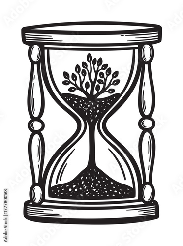 Black outline drawing of an hourglass with a tree growing inside, symbolizing the passage of time and nature.
