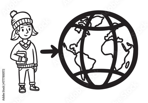 Young caucasian girl in winter clothing holding a book, standing next to a black outline globe with prominent continents.