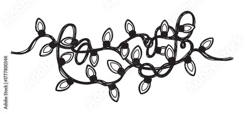 Black outline drawing of a string of tangled holiday lights arranged in an abstract pattern. the bulbs are depicted in various angles for a festive theme.