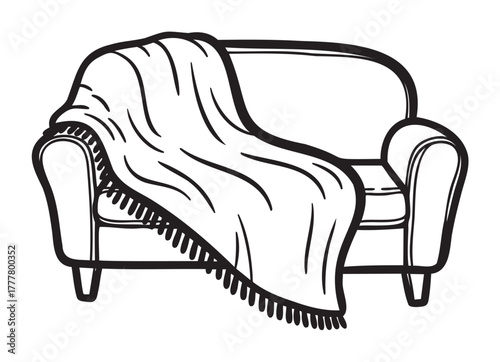 Black outline icon of a cozy sofa with a draped blanket, showcasing relaxation and home comfort.