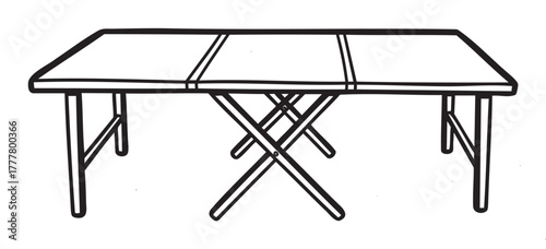 Black outline drawing of a rectangular folding table with cross-leg support and distinct panel divisions.