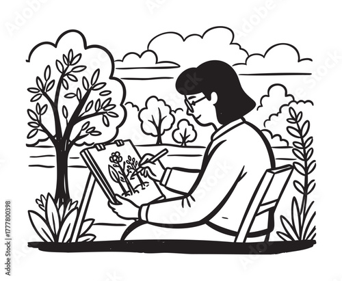 Female drawing flowers in a sketchpad while seated outdoors on a wooden chair, surrounded by trees and plants.