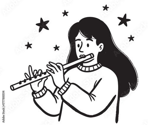 Black and white illustration of a girl playing the flute with stars in the background, featuring long hair and a sweater.