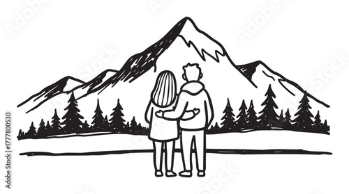 Line drawing of a young caucasian male and female couple embracing while standing in front of a mountain and pine trees.