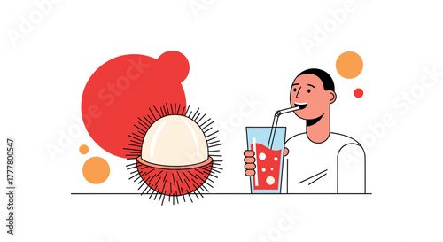 Vibrant Illustration Of A Person Enjoying Lychee Juice With Exotic Fresh Fruit Beside Him