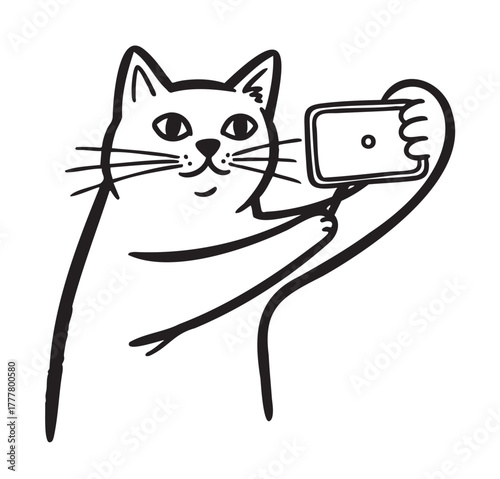 Smiling cat taking a selfie with a smartphone in a humorous black outline drawing.