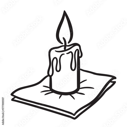 Black outline drawing of a simple pillar candle with dripping wax on a square napkin, symbolizing warmth and ambiance.