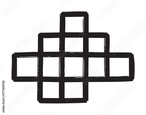 Black hand-drawn grid pattern forming a cross shape with nine connected squares in a doodle style.