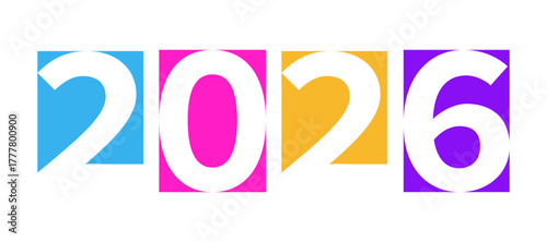 Year 2026 displayed in a bold font. Design is clean, geometric, and visually appealing, suitable for New Year graphics, event posters, or futuristic themes. Colorful 2026 typography design.  