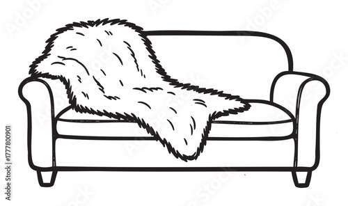 Simple black outline illustration of a cozy sofa with a textured fur blanket draped over the backrest, highlighting comfort and style.