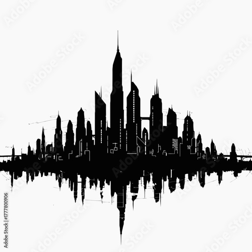 Modern cityscape skyline with abstract reflections silhouette