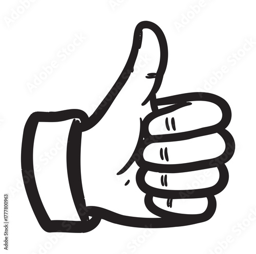 Black and white sketch of a hand giving a thumbs-up gesture, with detailed line work and shading.