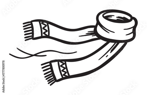 Black and white hand-drawn scarf with decorative patterns and fringed ends, showcasing simple line art for fashion and textile concepts.