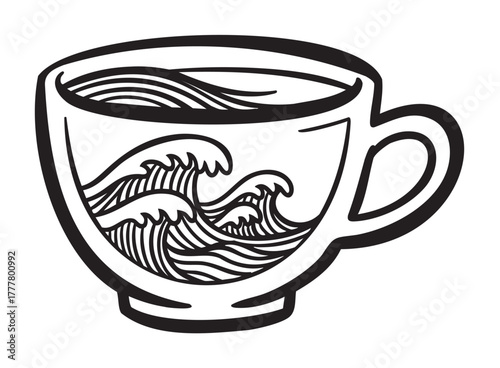Black outline of a teacup with a wave design inside, evoking a sense of movement and fluidity.