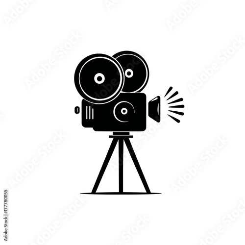 Vintage Movie Camera Icon on Tripod. Retro Film Projector Symbol for Cinema Production, Videography, and Entertainment Concepts